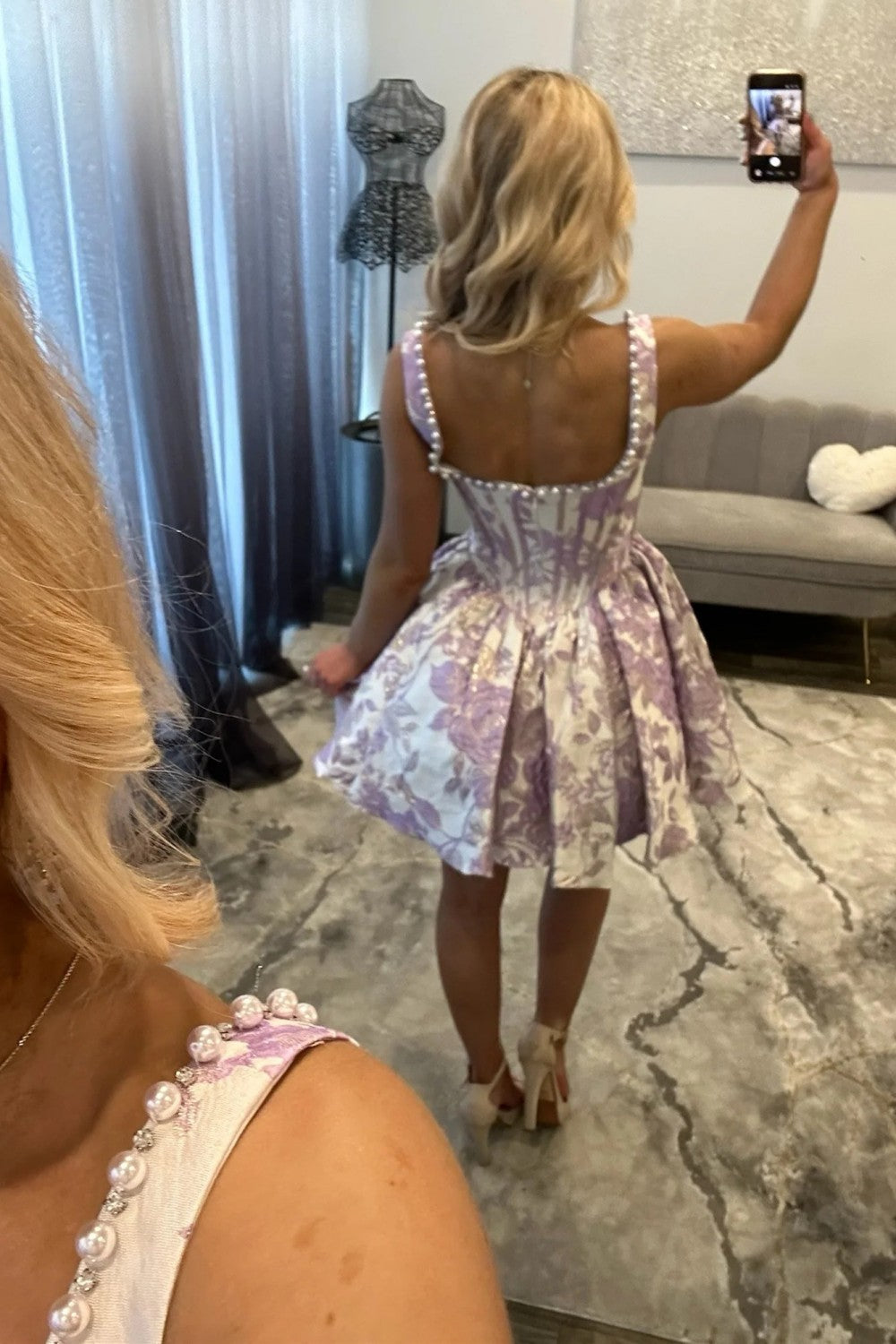 Beautiful A Line Square Neck Pink Floral Printed Corset Homecoming Dress with Pearls