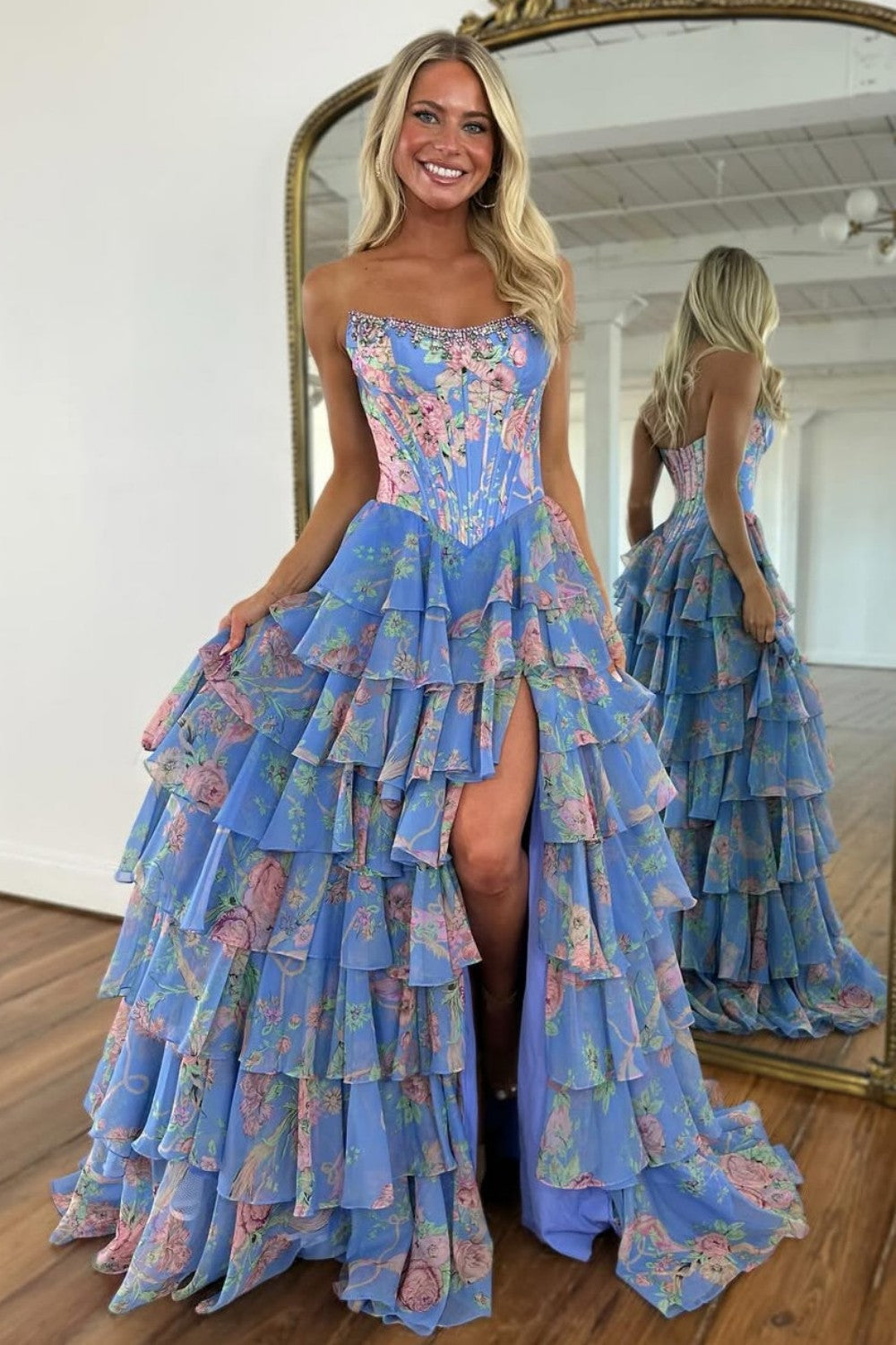 Gorgeous A Line Strapless Yellow Printed Corset Prom Dress with Beading Ruffles