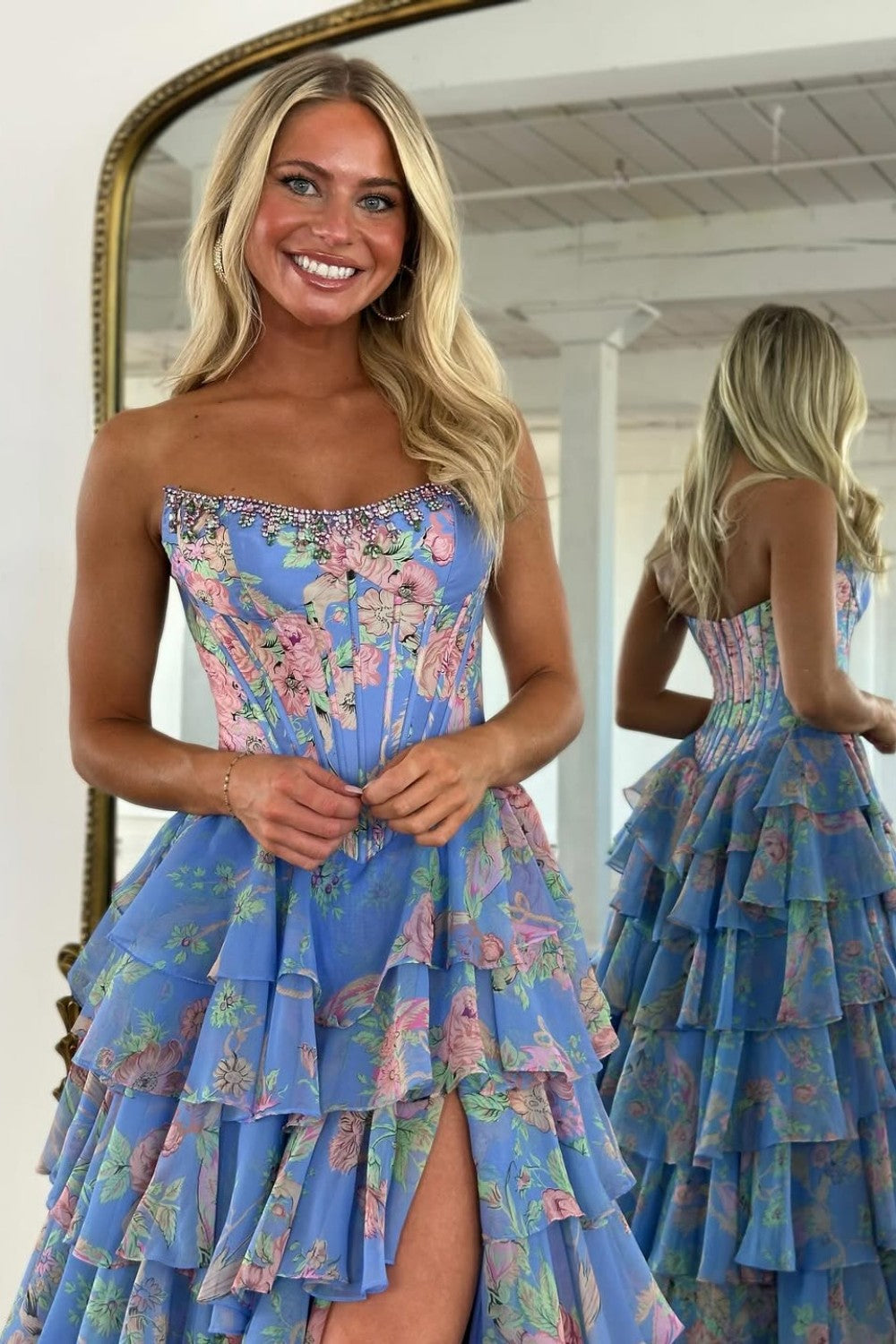 Gorgeous A Line Strapless Yellow Printed Corset Prom Dress with Beading Ruffles