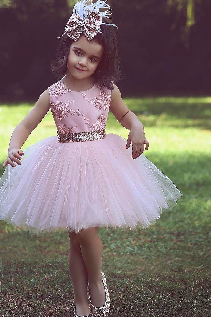 Flower Scoop Pink Tulle Lace-Applique Flower Girls Dresses