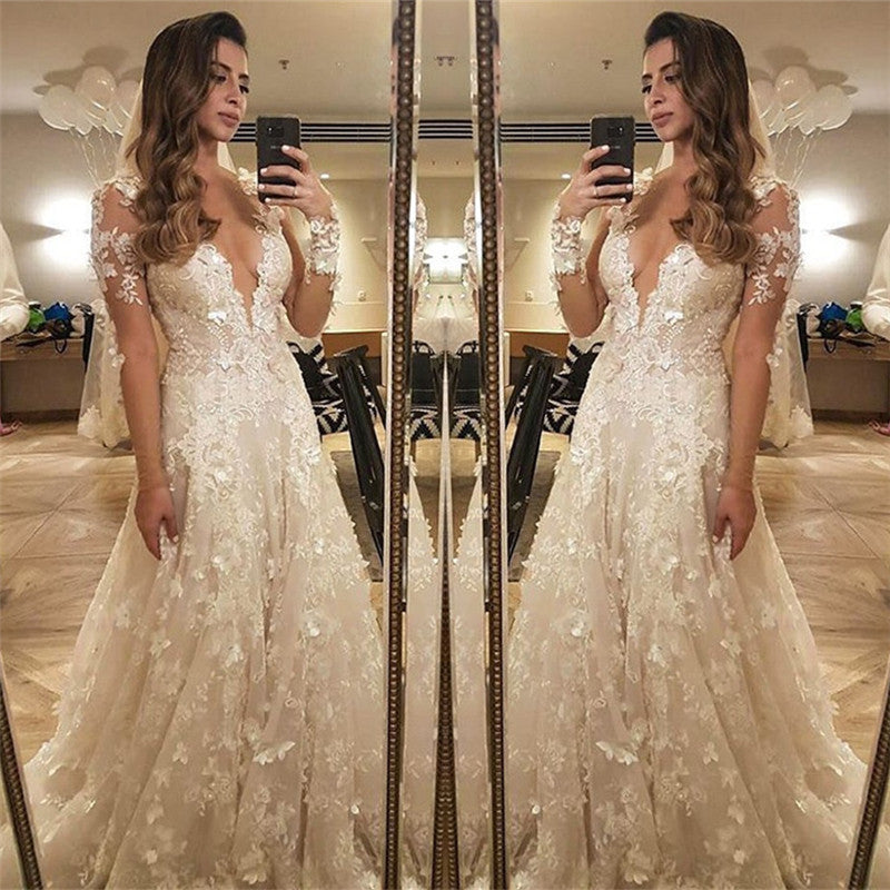Flowers Lace Long Sleeve Wedding Dress Illusion Amazing Bride Dress