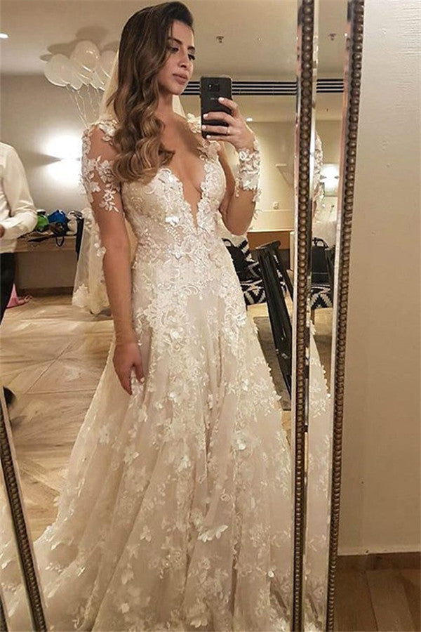 Flowers Lace Long Sleeve Wedding Dress Illusion Amazing Bride Dress