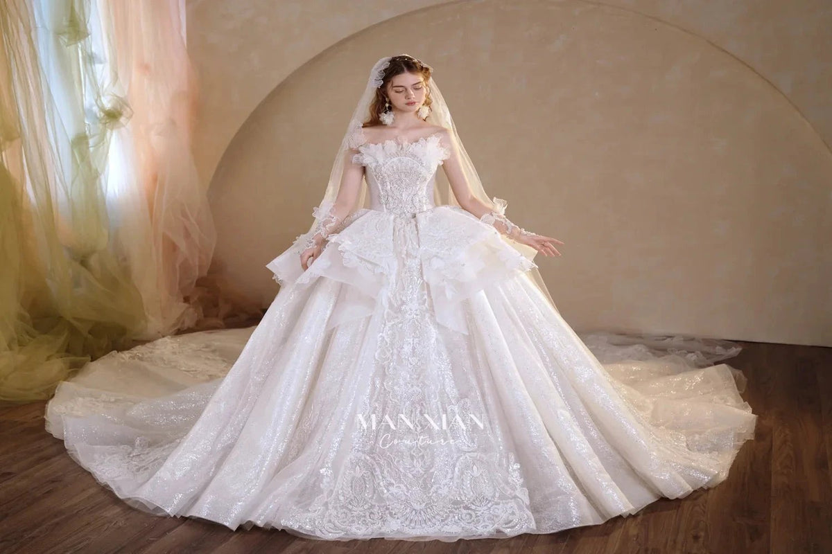 Luminous Ivory Off-Shoulder Glitter Tulle Ball Gown with 3D Floral Lace & Train (ZD16936)