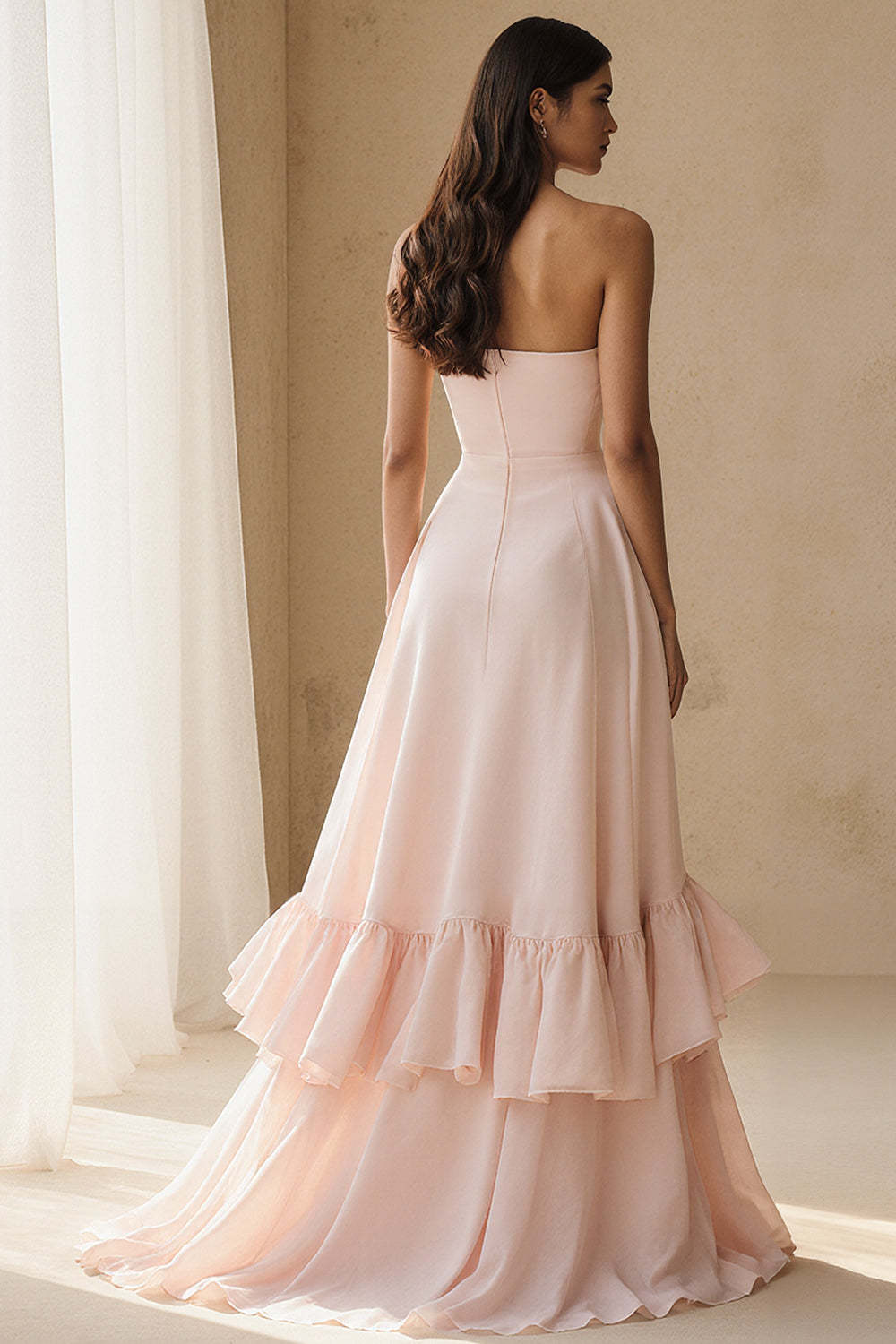 Suzhoufashion Flowy Light Pink A Line Strapless Ruffled Long Prom Dress