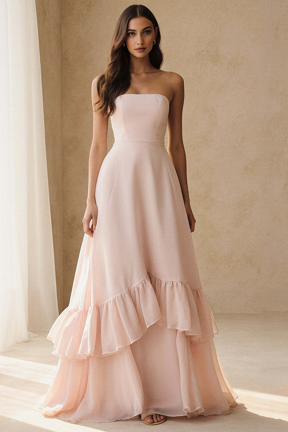 Suzhoufashion Flowy Light Pink A Line Strapless Ruffled Long Prom Dress