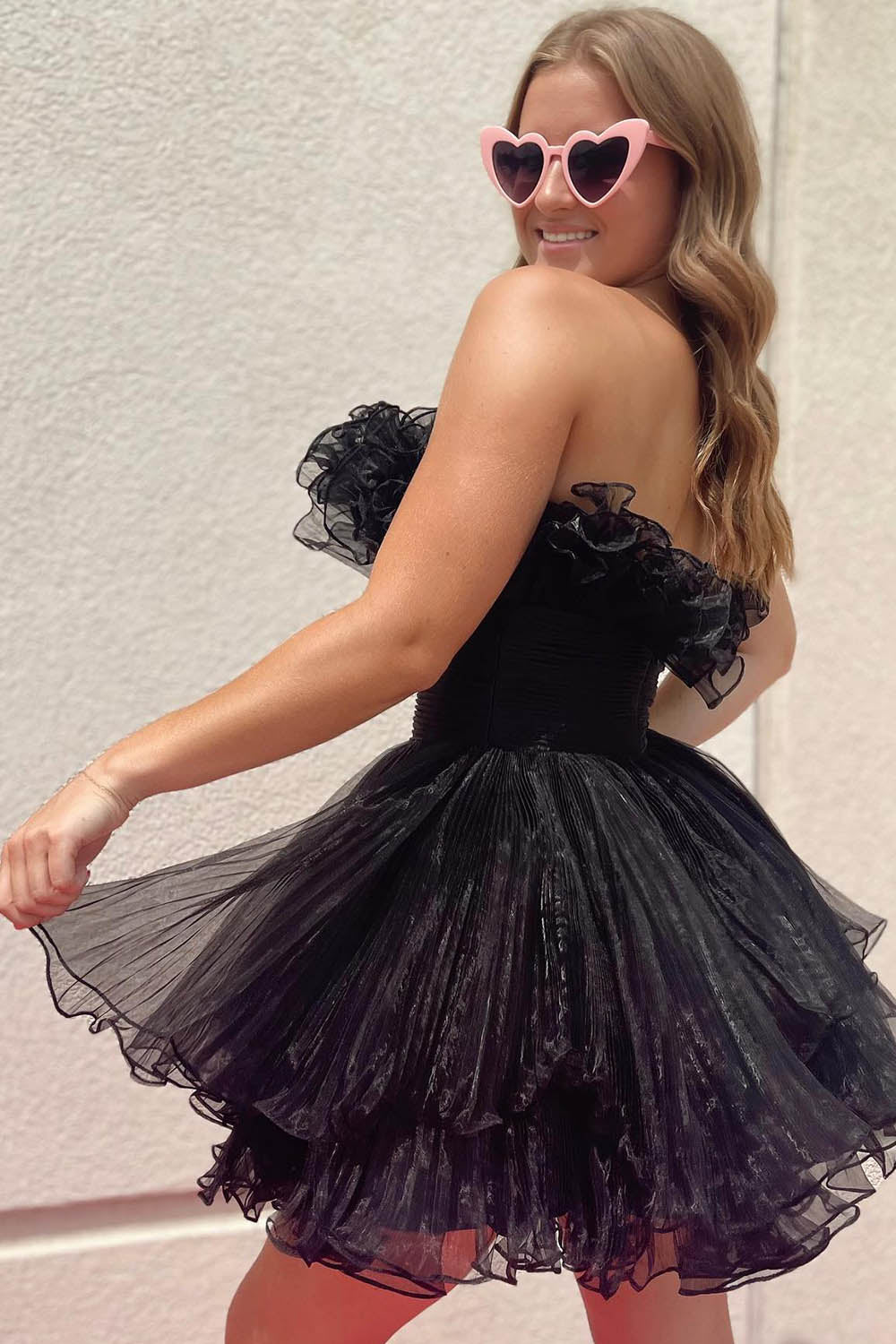 Fluffy Blue Homecoming Dresses A-Line Strapless Ruffled Short Cocktail Dresses