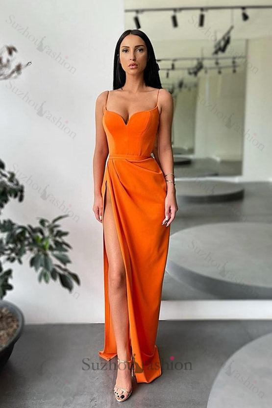 Forest green Spaghetti-Straps High-split Long Evening Prom Dresses