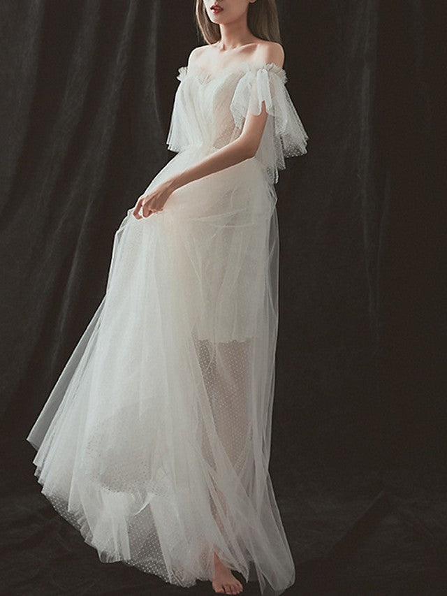 Formal A-Line Beach Wedding Dresses Strapless Tulle Short Sleeve Bridal Gowns On Sale