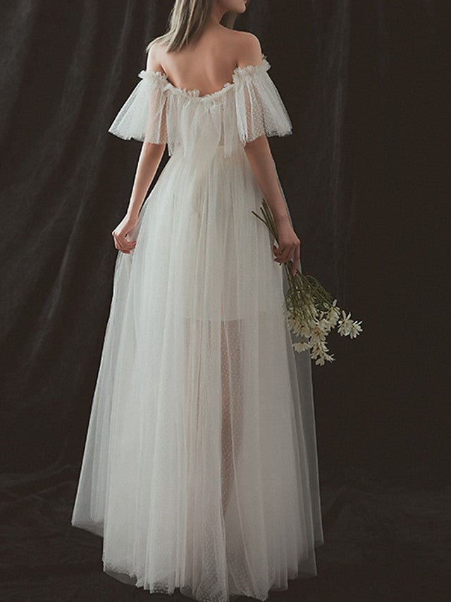 Formal A-Line Beach Wedding Dresses Strapless Tulle Short Sleeve Bridal Gowns On Sale