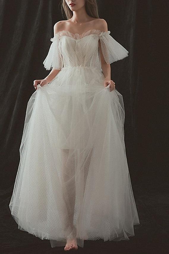 Formal A-Line Beach Wedding Dresses Strapless Tulle Short Sleeve Bridal Gowns On Sale