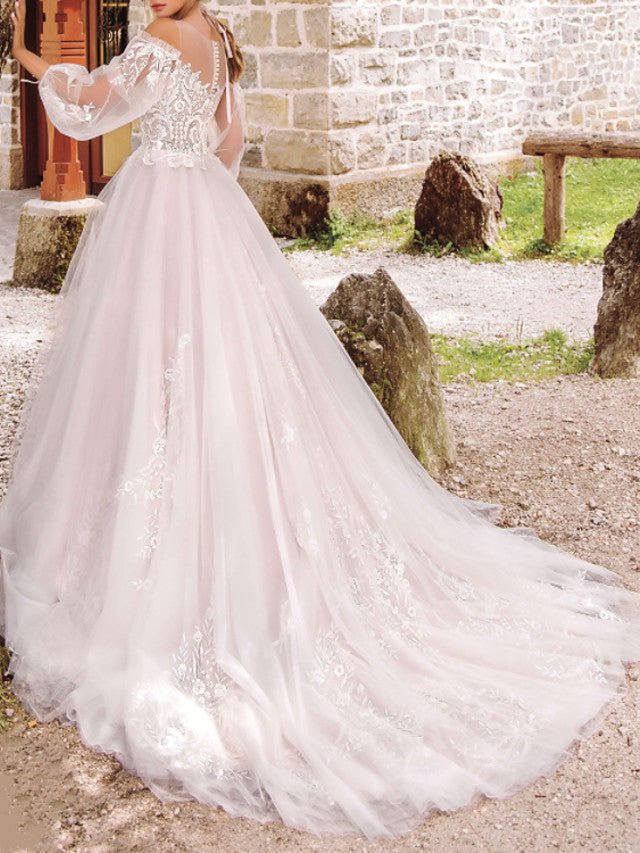 Formal A-Line Wedding Dress Jewel Lace Tulle Long Sleeve Sexy See-Through Bridal Gowns