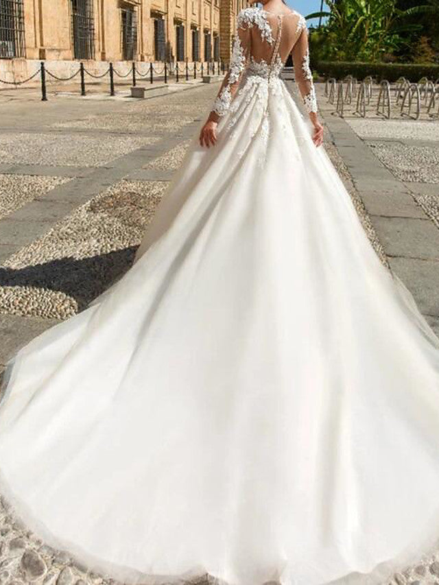 Formal A-Line Wedding Dress Jewel Lace Tulle Long Sleeve Sexy See-Through Bridal Gowns with Court Train