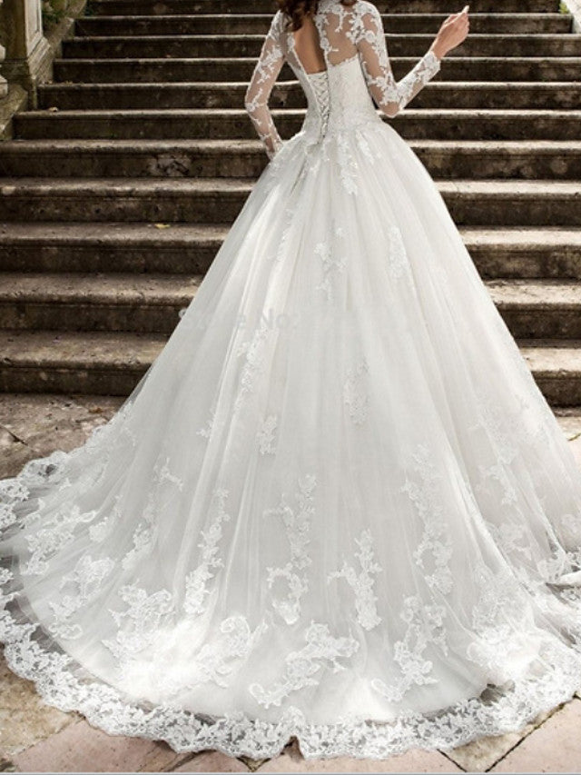 Formal A-Line Wedding Dress Jewel Tulle Long Sleeves Bridal Gowns with Sweep Train