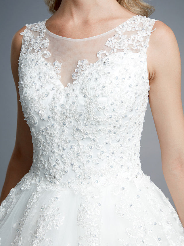 Formal Ball Gown Wedding Dresses Jewel Lace Tulle Straps Casual Backless Bridal Gowns Online