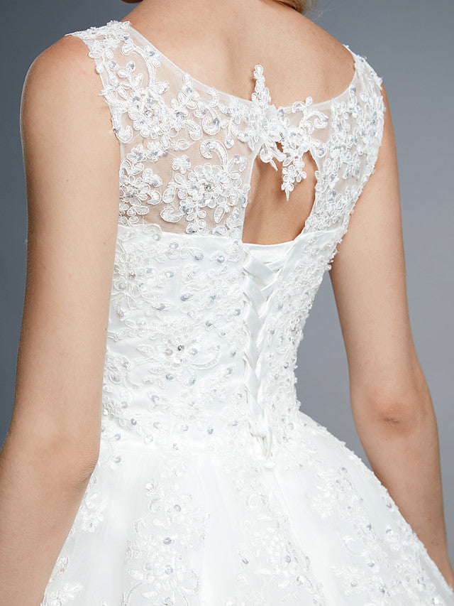 Formal Ball Gown Wedding Dresses Jewel Lace Tulle Straps Casual Backless Bridal Gowns Online