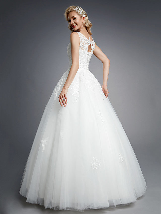 Formal Ball Gown Wedding Dresses Jewel Lace Tulle Straps Casual Backless Bridal Gowns Online