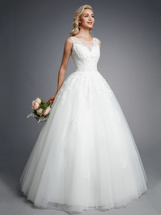 Formal Ball Gown Wedding Dresses Jewel Lace Tulle Straps Casual Backless Bridal Gowns Online