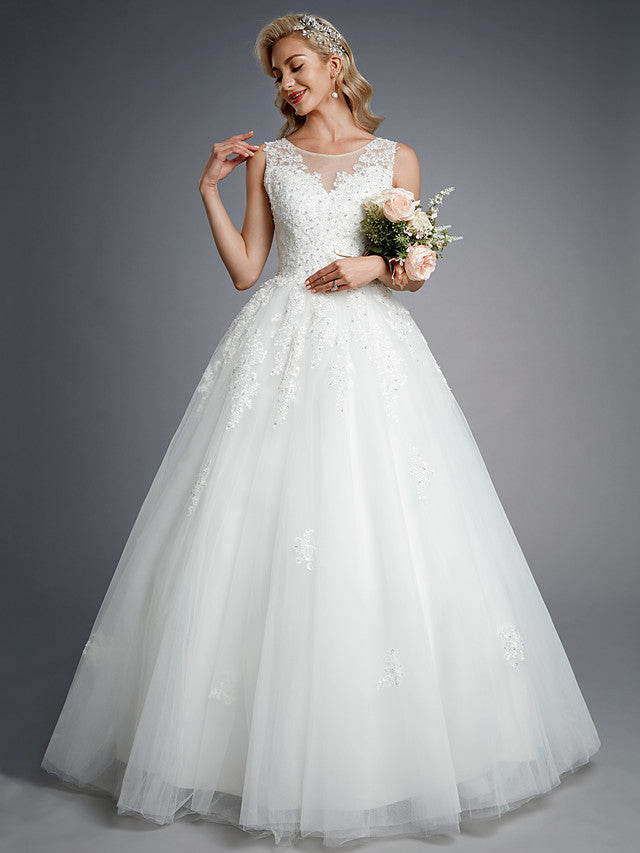 Formal Ball Gown Wedding Dresses Jewel Lace Tulle Straps Casual Backless Bridal Gowns Online