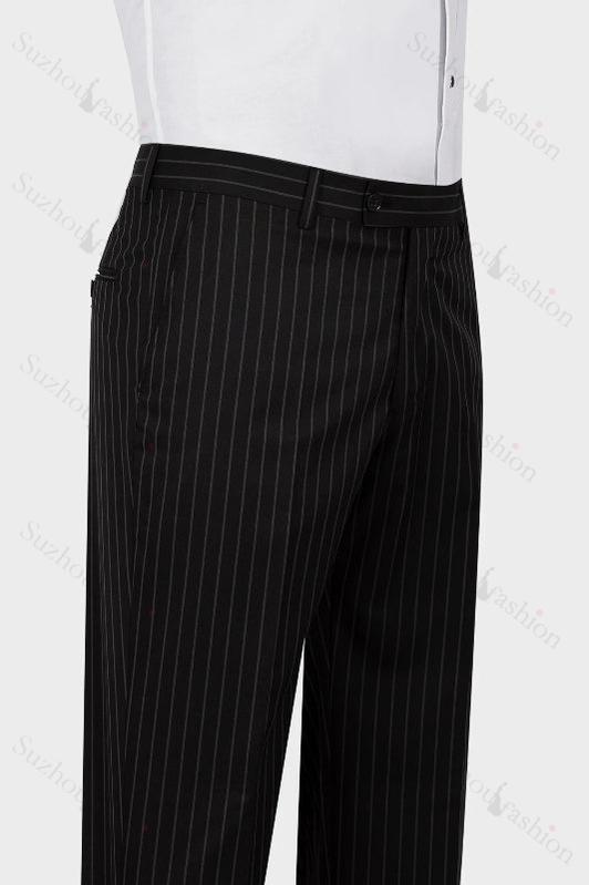 Formal Black Striped Peaked Lapel Business Suit