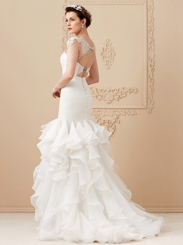 Formal Mermaid Wedding Dress Sweetheart Organza Tulle Cap Sleeve Bridal Gowns with Sweep Train
