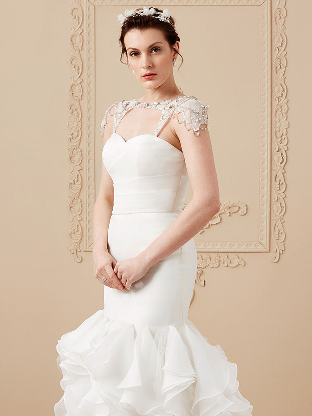 Formal Mermaid Wedding Dress Sweetheart Organza Tulle Cap Sleeve Bridal Gowns with Sweep Train