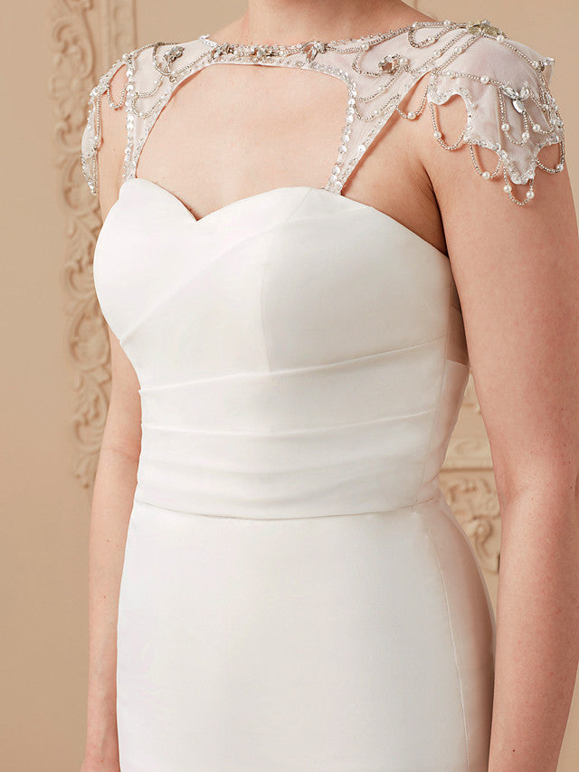 Formal Mermaid Wedding Dress Sweetheart Organza Tulle Cap Sleeve Bridal Gowns with Sweep Train
