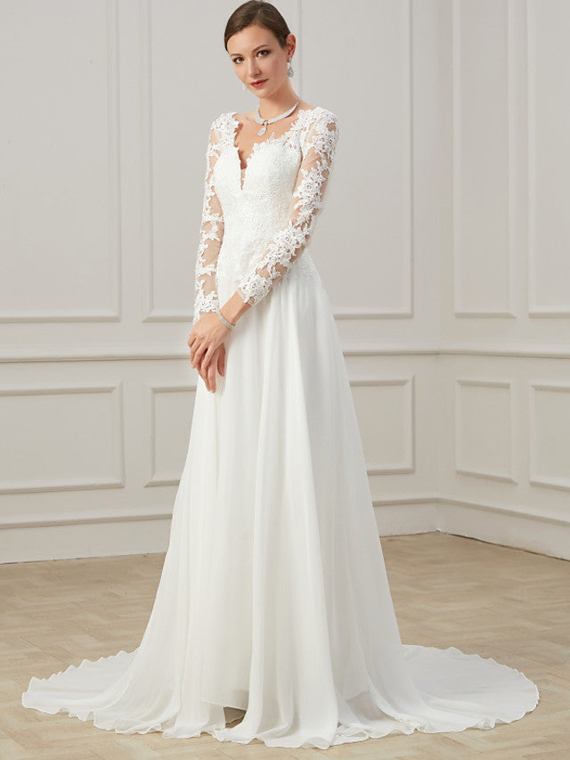 Formal Sheath Wedding Dress V-Neck Lace Tulle Long Sleeves Plus Size Bridal Gowns with Sweep Train