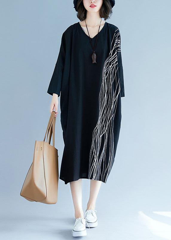 French Black Bat Wing Sleeve V Neck Print Patchwork Fall Maxi Dress