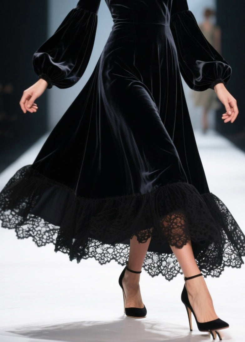 French Black Exra Large Hem Patchwork Lace Silk Velvet Dresses Spring