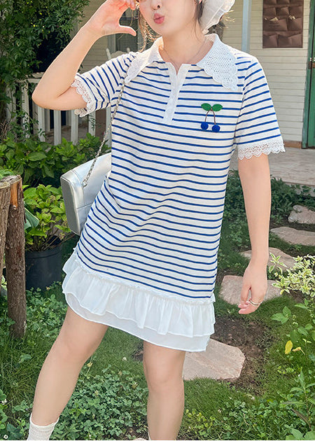 French Blue Striped Patchwork Cotton Shirt Dresses Summer