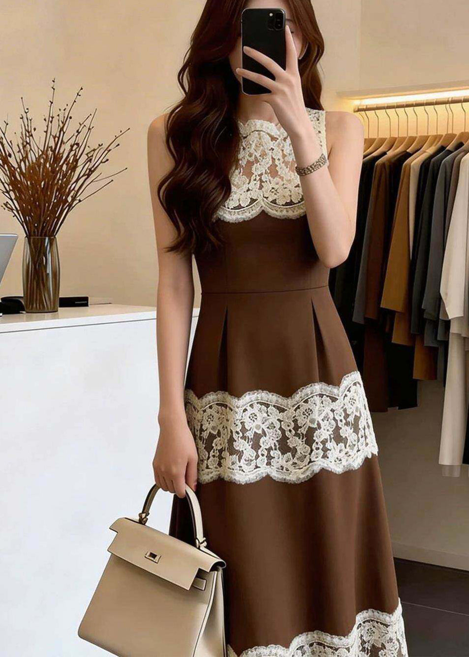 French Brown O-Neck Patchwork Lace Maxi Dresses Sleeveless