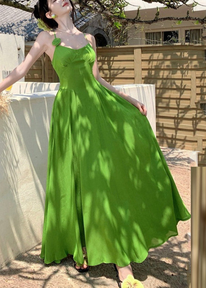 French Green Floral Hollow Out Patchwork Flattering Maxi Spaghetti Strap Dresses Sleeveless