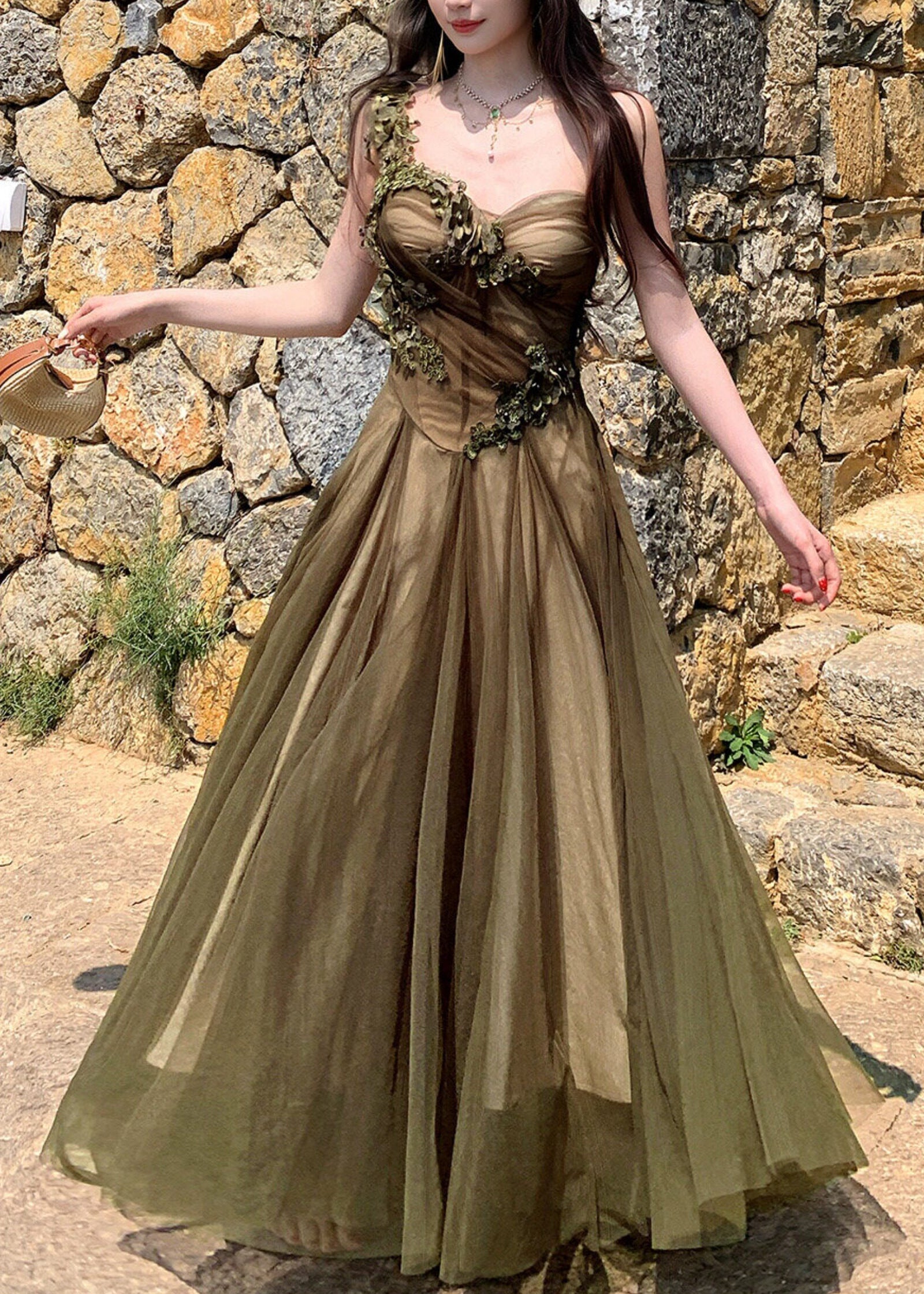 French Green Floral Patchwork Tulle Long Spaghetti Strap Dress Sleeveless