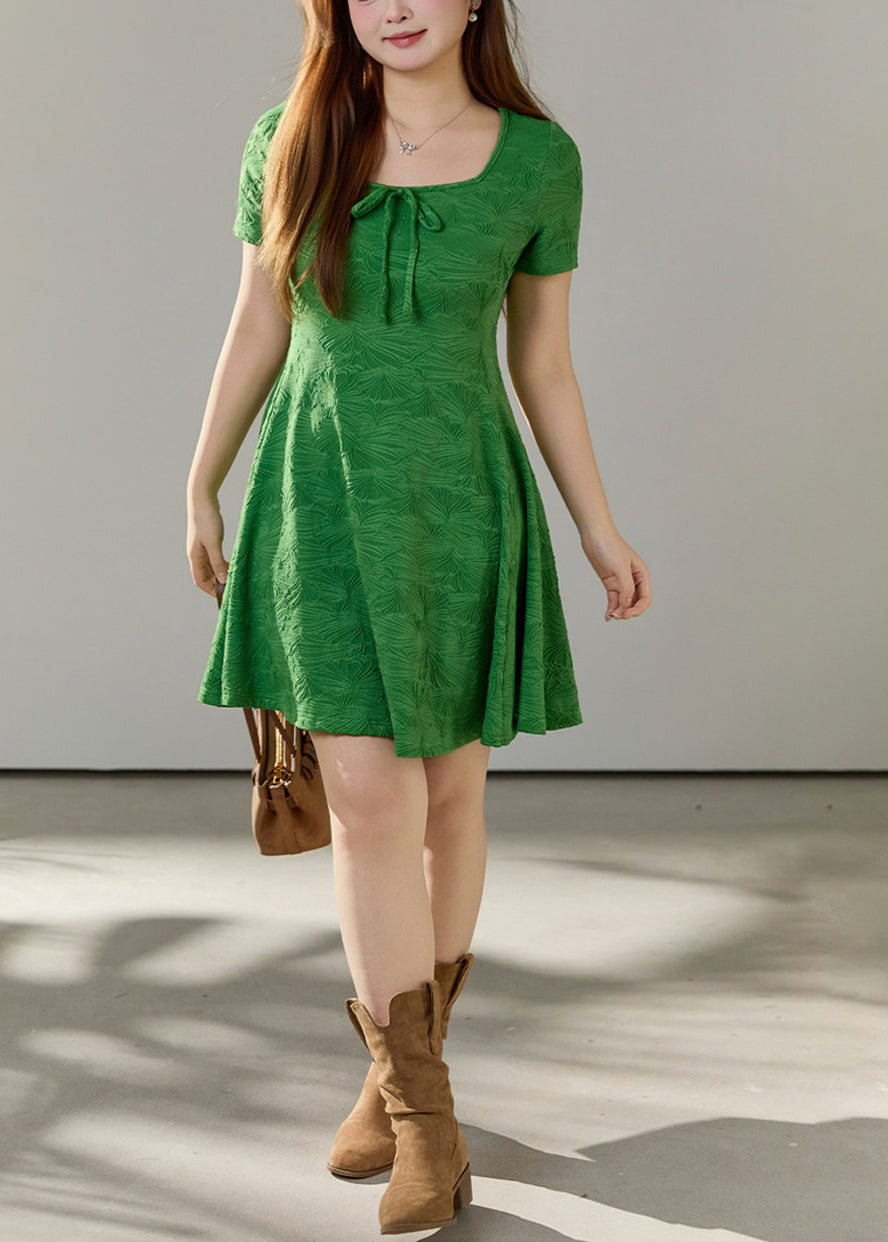 French Green Jacquard Cotton Tea Dresses Summer