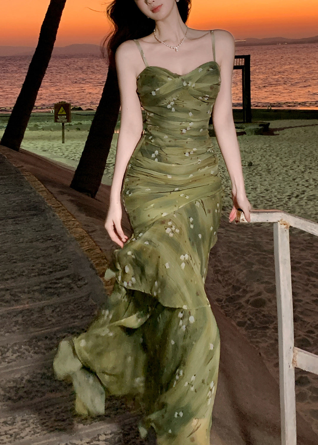 French Green Print Wrinkled Maxi Spaghetti Strap Dress Summer
