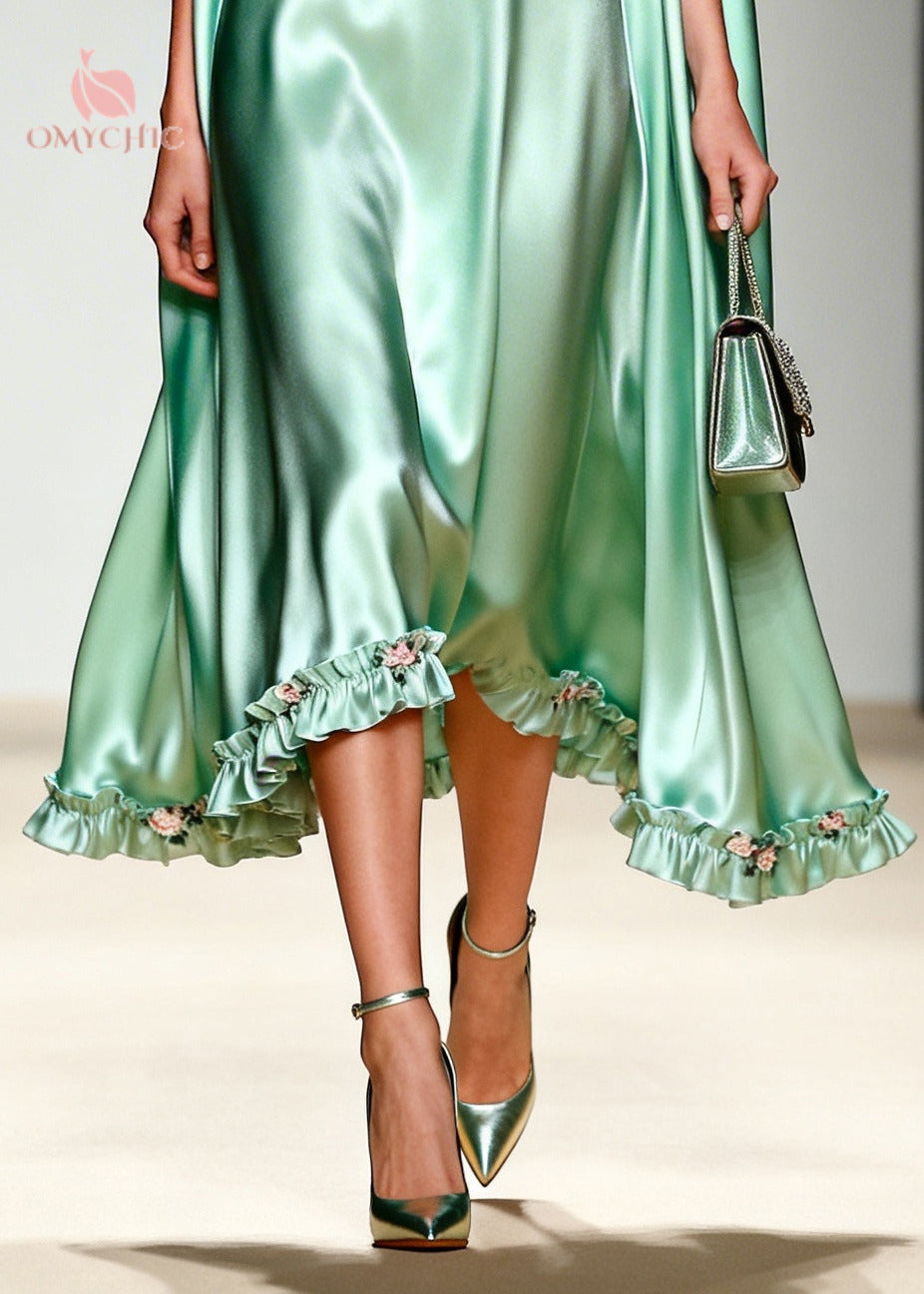 French Green Ruffled Oversized Draping Silk Holiday Dress Summer