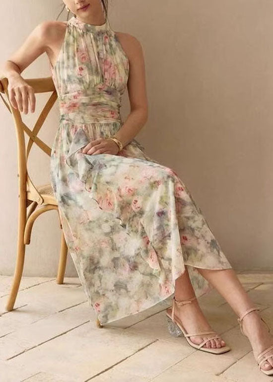 French Green Ruffled Print Chiffon Dresses Sleeveless