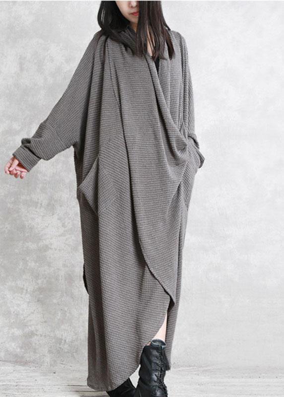 French Grey Pockets Asymmetrical Design Fall Long Sleeve Dress