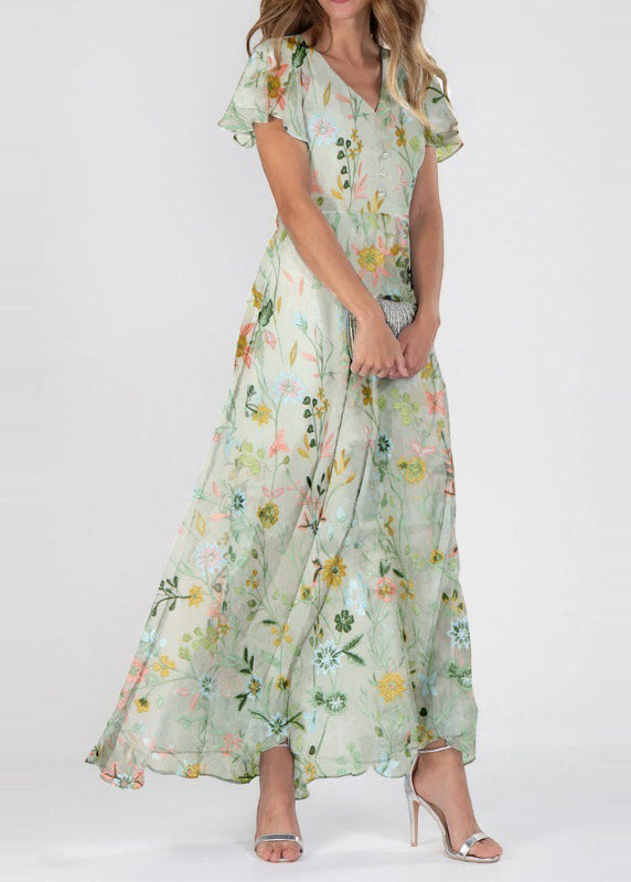 French Light Green V Neck Print Chiffon Long Dress Summer