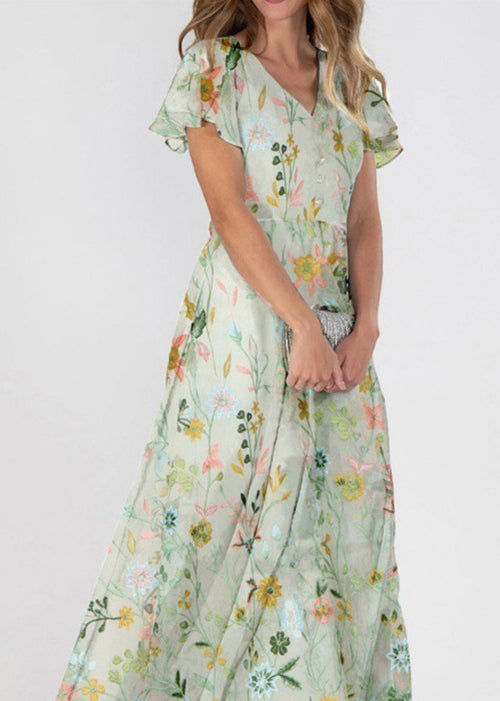French Light Green V Neck Print Chiffon Long Dress Summer
