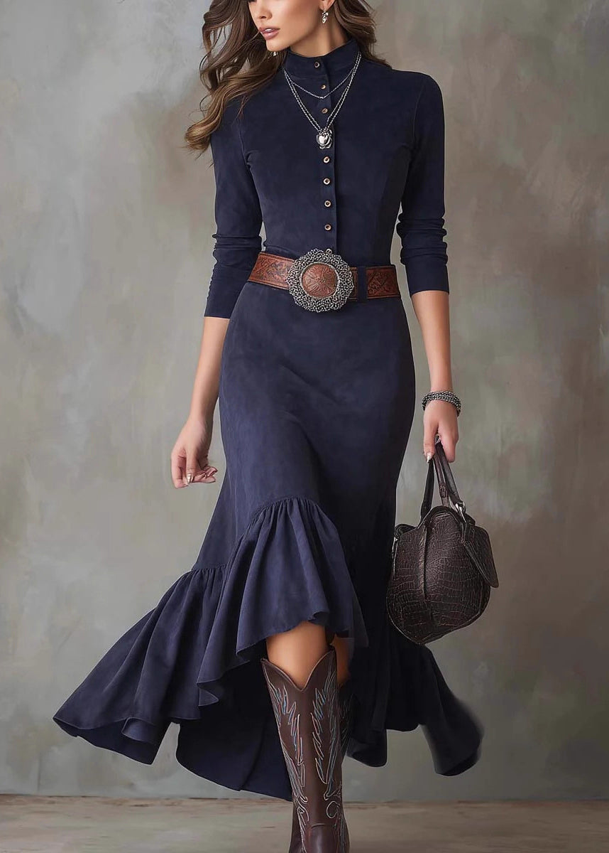 French Navy Wrinkled Button Solid Faux Suede Long Dress Spring