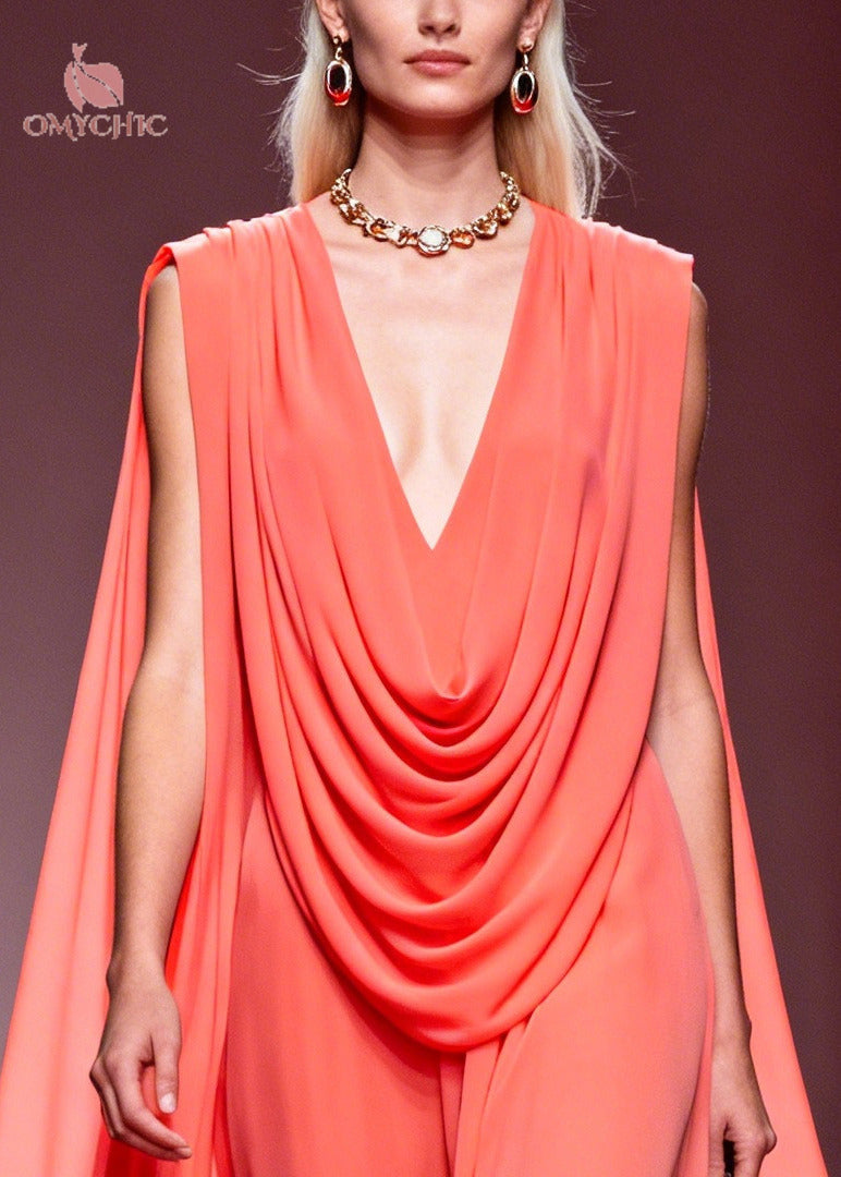French Pink V Neck Wrinkled Exra Large Hem Chiffon Party Dress Summer