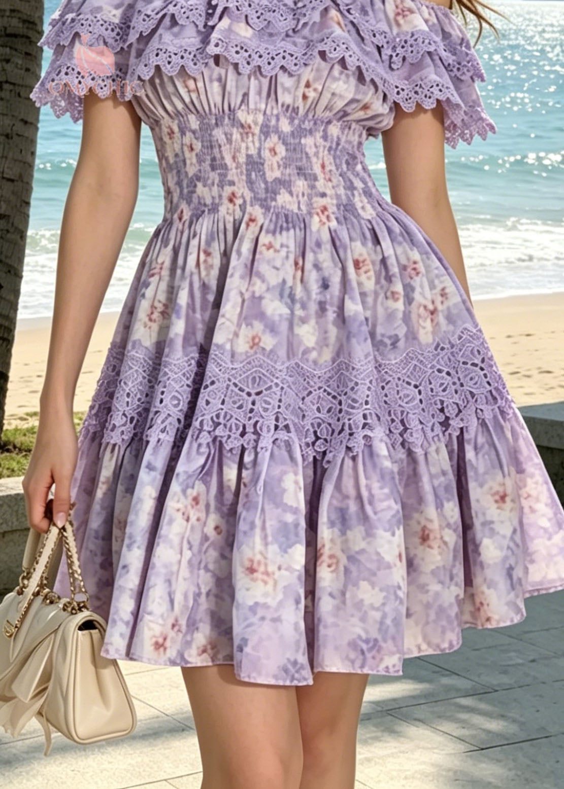 French Purple Print Slash Neck Ruffled Patchwork Cotton Dress Summer