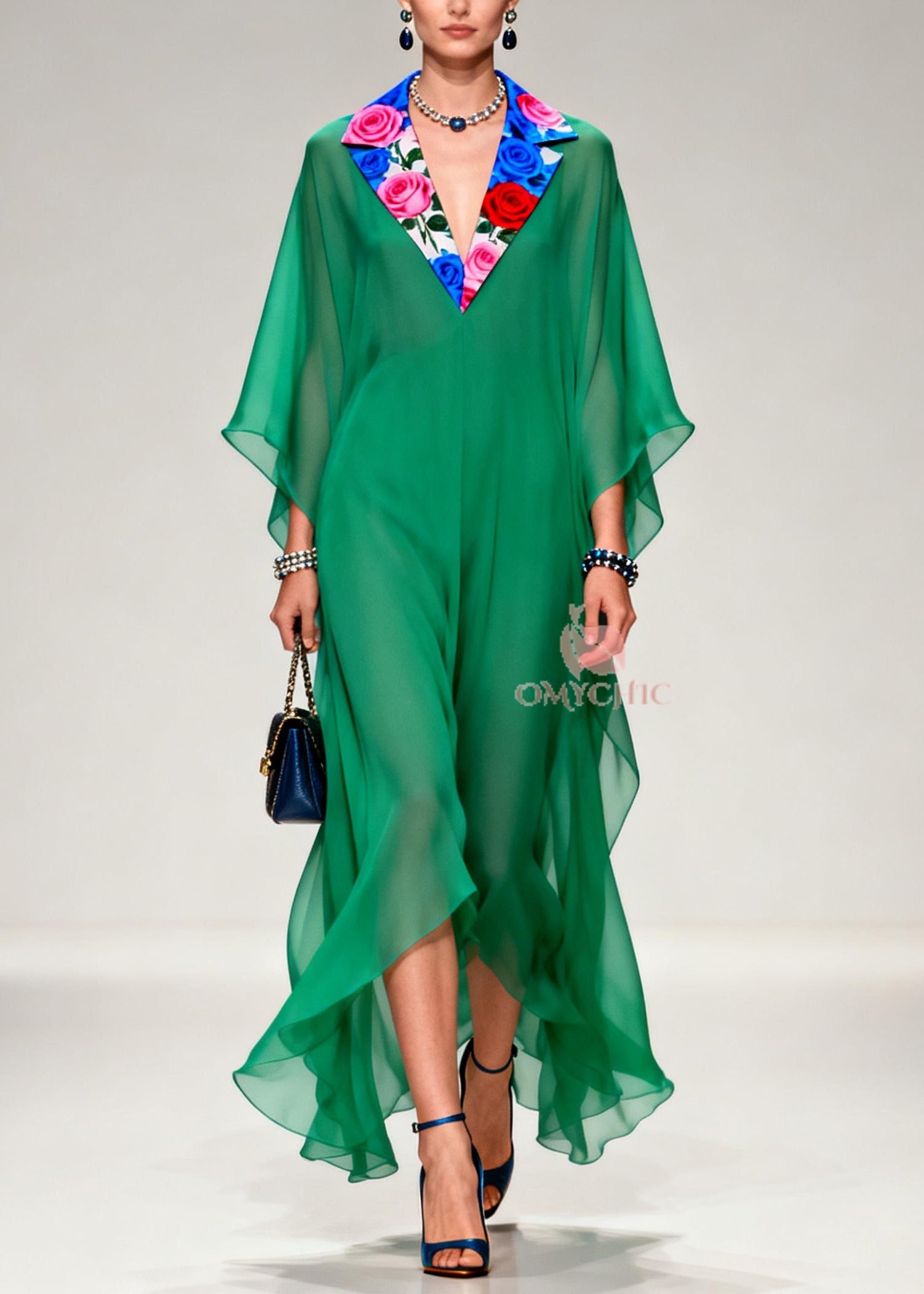 French Tea Green Notched Patchwork Chiffon Long Dresses Summer