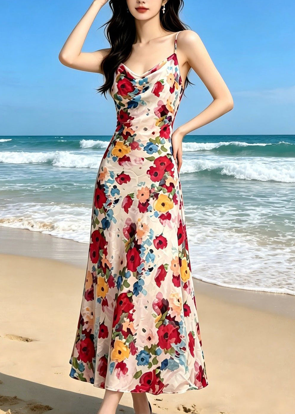 French V Neck Print Chiffon Long Spaghetti Strap Dress Sleeveless