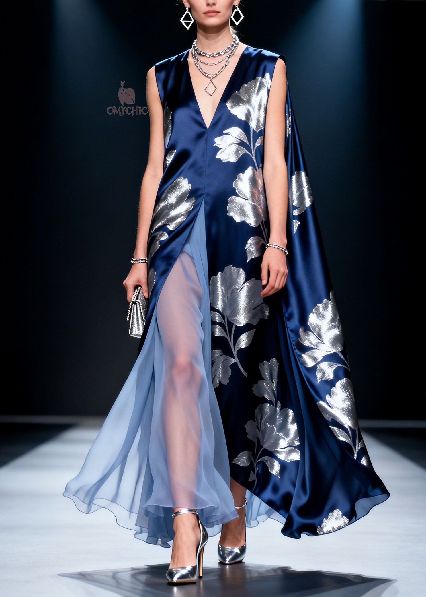 French V Neck Print Patchwork Silk Dress Sleeveless