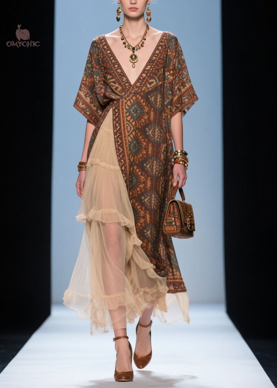 French V Neck Print Ruffled Patchwork Cotton Dress Summer