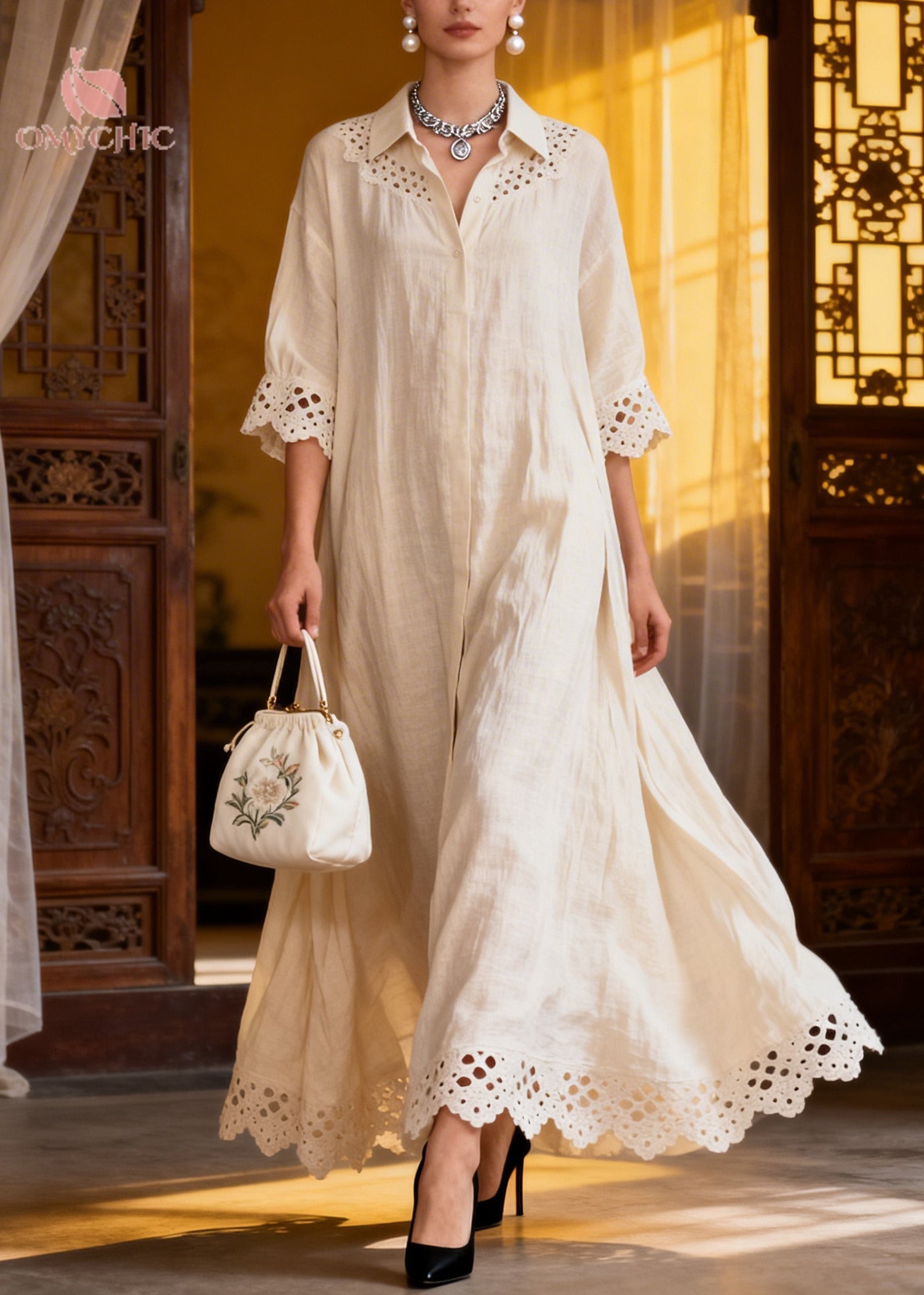 French White Oversized Hollow Out Cotton A Line Dresses Summer