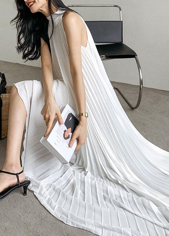 French White Turtleneck Solid Chiffon Long Holiday Pleated Dress Sleeveless