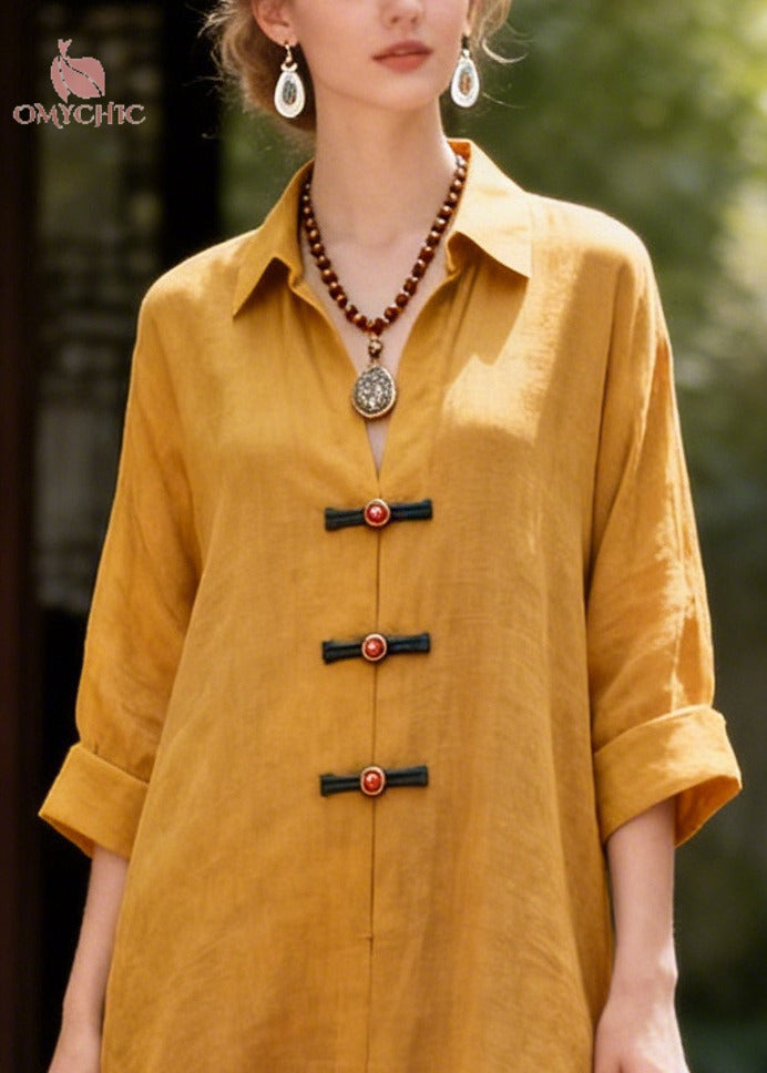 French Yellow Oversized Chinese Button Cotton Long Dress Summer
